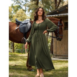 Scarlet Darkness Renaissance Costume Women Medieval Long Sleeve Smocked Bodice Cottagecore Peasant Dress Green XL