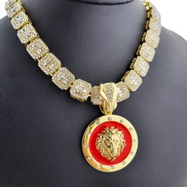 MAXBLING81 Hip Hop Jewelry Iced Gold Plated Lion Medal Pendant & 12mm 16" 18" 20" Baguette Stone Choker Chain Necklace (PENDANT ONLY)
