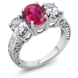 Gem Stone King 925 Sterling Silver Red Created Ruby 3-Stone Ring For Women (5.00 Cttw, Oval 9X7MM and 7X5MM, Available In Size 5, 6, 7, 8, 9)