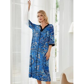 PITINAN Housecoats For Women Zipper Front Nightgowns For Women House Dress Zipper Front Robe Moomoo Dresses for Women Robes Lightweight Blue Paisley L