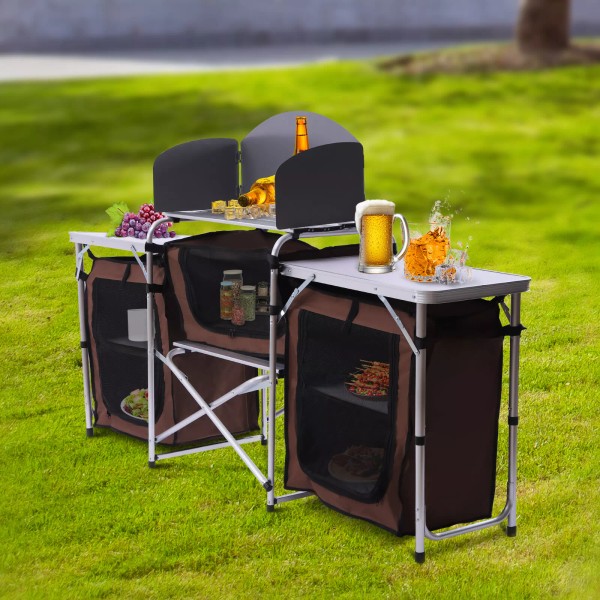 Folding Camping Kitchen Table Picnic Cabinet Table Portable Cooking Storage