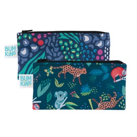 Bumkins Reusable Snack Bags, for Kids School Lunch and for Adults Portion, Washable Fabric, Waterproof Cloth Zip Bag, Supplies Travel Pouch, Food-Safe, 2-pk Jungle and Animal
