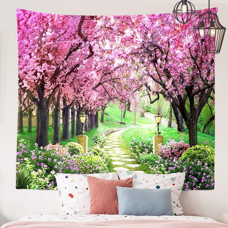 CHENGOR Tree Flower Tapestry Forest Path Red Cherry Blossom Wall