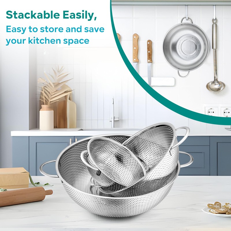 HaWare Stainless Steel Colander Set of 3, Micro-Perforated Metal Colander