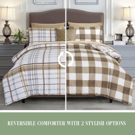 Elegant Comfort 8-Piece Lodge Plaid Reversible Comforter Set - All Season Bed in a Bag, 4-Piece Sheet Set Featuring Smart Pockets, Matching Shams and Decorative Pillow, King/California King, Taupe