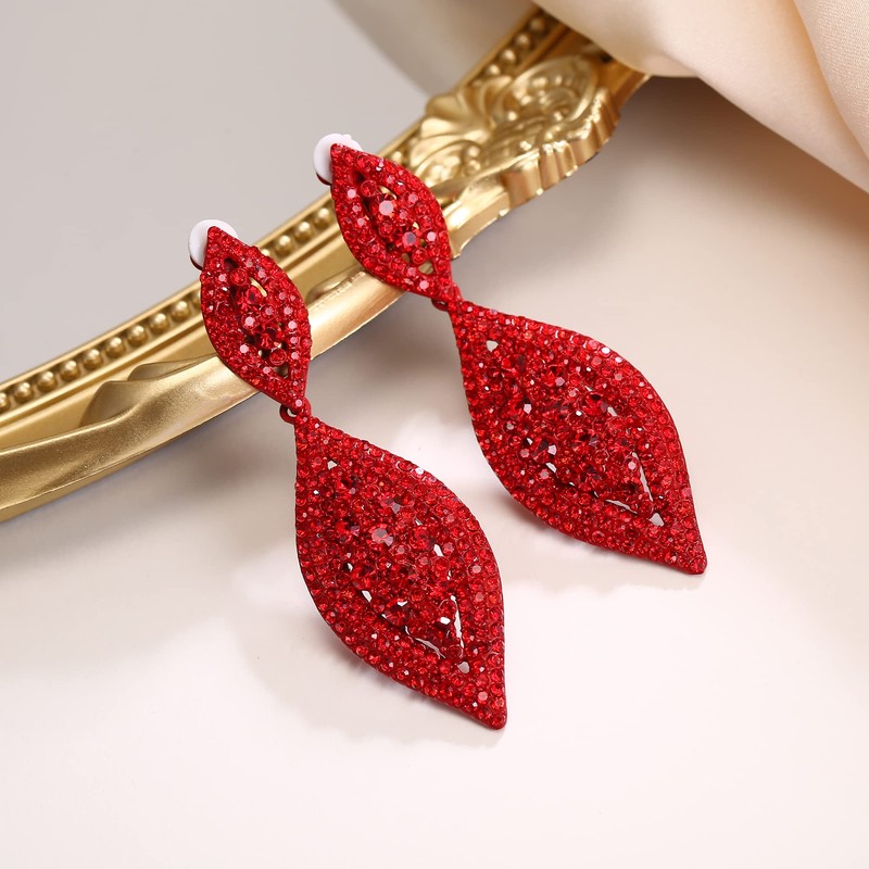 EVER FAITH Red Rhinestone Clip On Earrings, Wedding Party Crystal