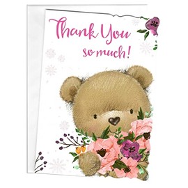 Thank You Greeting Cards with Envelope | Teddy with Flowers Design Card Thank You Card for All | Made in UK | 140mm x 190mm Size