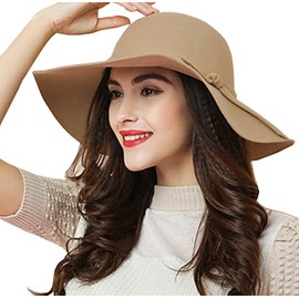 ASSQI Women's Foldable Wide Brim Beach Retro Fedora Floppy Wool Felt Hat Beige