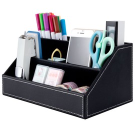 Jesustree Desk Organiser with 5 Compartments, Multifunctional Leather Office Pen Box, Pen Holder, Sorting Box for Stapler, Pens, Folder Clips, Sticky Notes, Office Supplies (Black)
