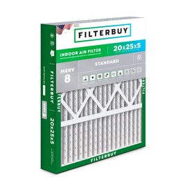 Filterbuy 20x25x5 Air Filter MERV 8 Essential Dust & Allergy Defense (1-Pack), Pleated HVAC AC Furnace Filters for Honeywell FC100A1037, Lennox X6673, and More (Actual Size: 19.88 x 24.75 x 4.38)
