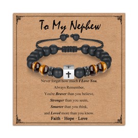 Cross Boys Bracelet, 8mm Black Onyx Tiger's Eye Beads, Adjustable Teenage Bracelet with Stainless Steel Cube, Christian Easter Birthday Gift (Nephew)