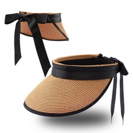 Manfnee Summer Visor Hat for Women Wide Brim Straw UV Protection Sun Hat Packable Tonytail Beach Hat for Travel, A1:C1:Khaki