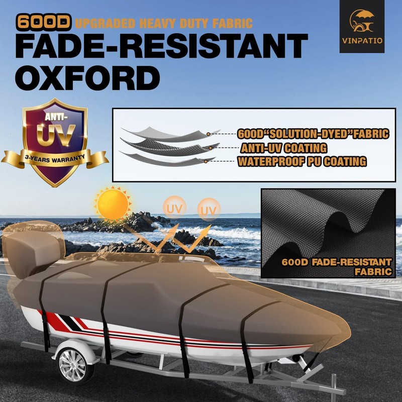 VINPATIO 14-16 ft V-Hull Boat Cover, 600D Solution-Dyed Oxford 100%