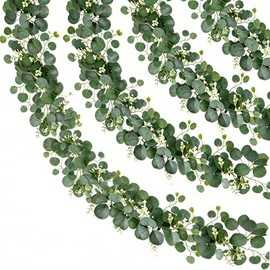 ROLLWAY Pack of 4 Eucalyptus Garland, Artificial Garland Plant 1.8 m Ivy Hanging Green Leaves Decoration with White Flowers Silver Dollar Eucalyptus Vine for Table Arch Wedding Confirmation Christmas