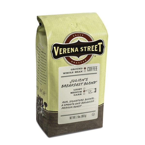Verena Street 2 Pound Ground Coffee, Medium Roast, Julien's Breakfast Blend, Rainforest Alliance Certified Arabica Coffee