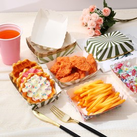 Dunzoom 60 Pcs Pastel Paper Food Trays Striped Pastel Party Supplies Kraft Food Boats 4 Colors Disposable Paper Plates Hot Dog Fries Taco Popcorn Tray for Birthday Baby Shower Wedding (Sage Green)