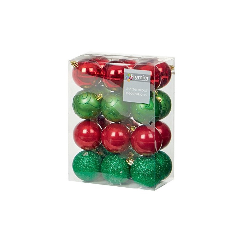 Christmas Decoration 24 Pack 60mm Shatterproof Baubles - Red-Green