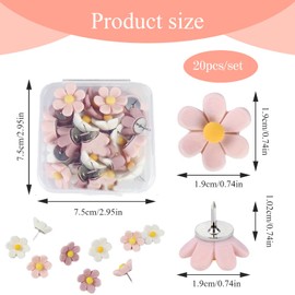 LIUYIDM Floral Push Pins Pack of 20 Colourful Drawing Pins Pin Board Push Pins Cute Tacks for DIY, for Pin Board, Cork Board, Photo Wall, Office & Home Decoration