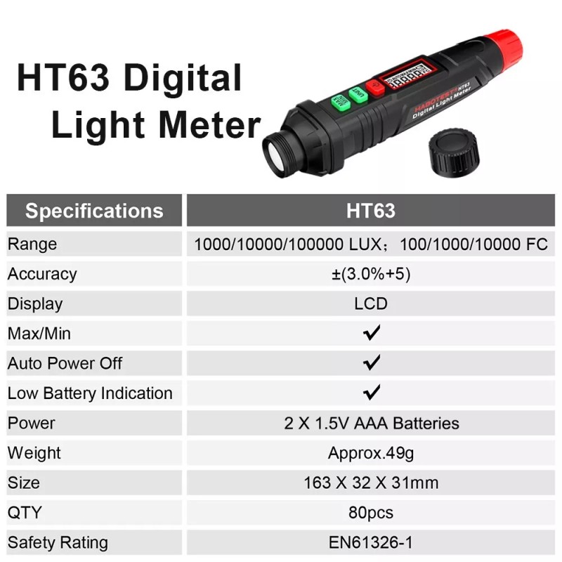 HABOTESTL HT63 Light Meter Digital Illuminance Meter Temperature Measurer