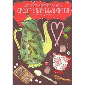 Designer Greetings Green Tea Pot, Tea Cup, Candy Canes, Hot Cocoa and Tea Great-Granddaughter Christmas Card