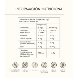 ORGANILIFE Glicinato de Magnesio 500 mg con Inulina de Agave Contribuye al Funcionamiento Normal de los Músculos y del Sistema Nervioso Buena Tolerancia al Estómago 120 Capsulas Rinde 60 porciones