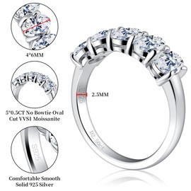 Ladylike Moissanite Wedding Band 5 Stone Oval Cut Moissanite Rings for Women 2.5 Carat 925 Sterling Silver Half Eternity Ring, Gemstone, Moissanite