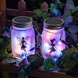 Pack of 2 Solar Lanterns in Preserving Jar, Hanging for Outdoors, LED Solar Lamp for Garden, Patio and Balcony, Decoration, Outdoor, Multicoloured