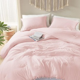 Codi Blush Comforter Set Queen - Boho Aesthetic Pom Fringe Bedding for Teen Girls, Cute Soft Washed Microfiber Blush Bed Sets, Lightweight 3pcs,1 Comforter & 2 Pillowcases (90x90 Inches)