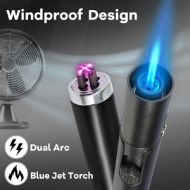 2 Pack Torch Lighter Refillable Butane Electric Candle Lighter Plasma Dual Arc Lighter USB Rechargeable Lighter Flameless Windproof Jet Flame Butane Long Lighter for Camping BBQ Home Kitchen Grill