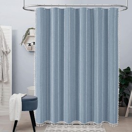 BTTN Extra Long Shower Curtain, 72x84 Inch Long Boho Tassel Linen Fabric Thick Shower Curtain Set with Plastic Hooks, Large Modern Farmhouse Country Decorative Cloth Shower Curtain for Bathroom, Blue