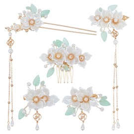 WADORN Pack of 5 Camellia Flower Tassels Hair Pins with Rhinestone Beads and Tassels in Vintage Style Chinese Hemfu Style Hair Accessories for Brides Korean Style for Women