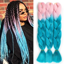 Ombre Braiding Hair 24 Inch Synthetic Hair Extensions for Braiding 3Pack/Lot Pre Stretched High Temperature Crochet Braiding Hair (#B56 Pink to Teal)
