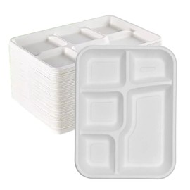 Chef Royale 10x Disposable Bagasse Sugarcane Plates, 5CP Large White Bagasse Plates for Everyday Use, 5 Compartment Food Tray Eco-Friendly, Biodegradable and Compostable, Ideal for Picnics (10, White)