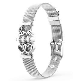 THIORA® - Bracelet with Charms, Pendant Charms, Rose Gold Silver Gold | Bracelet Bangle, Gift, Mesh Charm Bracelet Set Women, Classic Line, Stainless Steel, Sparkling Love - Silver