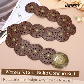 LEACOOLKEY Women's Belt Boho Disco Wide Western Belt Leather Concho for Clothing Jeans, B-brown