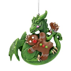 Ruth Thompson Christmas Ornament: mischievous dragon with gingerbread 10cm - Green Dragon Hand Painted Figurine Christmas Tree Pendant