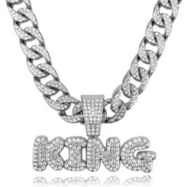 IDRUPACE Miami Men's Cuban Link Chain Silver Gold Plated Bling Necklace Diamond 13MM Iced Out Hip Hop Jewelry (Silver Chain + KING Pendant, 24.0 Inches)