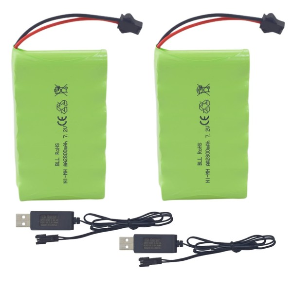 Fytoo 2PCS 7.2V 2800mah AA Rechargeable Battery with SM-2P Plug with USB Charging Cable for Huina 1550 550 RC Excavator Car Truck Engineering Car TR-211 RC Toy Battery