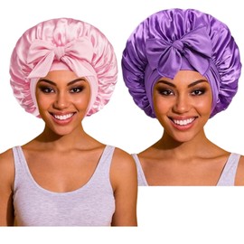 Large Silk Bonnet for Sleeping with Tie Band, Silky Soft Night Satin Bonnets for Women(2Pcs) (A)
