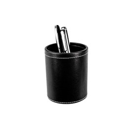 Delmon Varone - Pen Holder Made of Vintage Aniline Leather, Black, Genuine Leather Pen Cup with PU Inner Lining and Non-Slip Fleece Base, Elegant Round Pen Holder for Desk and Office