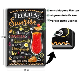Schilderkreis 24 Tin Signs Cocktail Recipe "Tequila Sunrise" Decorative Metal Sign for All Bar Counter or Pub Owners Gift for Birthday or Christmas 20 x 30 cm