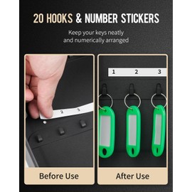 Uniclife 20 Position Key Cabinet with Key Lock Wall Mounted Black Security Storage Box Steel Key Organizer with Colorful Key Tag Labels Stickers and Hooks