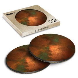 2 x Round Coasters - Copper Patina Effect Orange Colour Cork Backed MDF Glossy Tea Coffee Accessory #52740