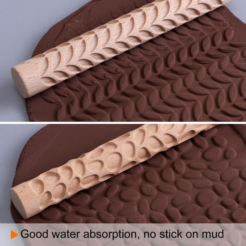 HARFINGTON 2pcs Wood Clay Roller 4"Water Wave Pebble Pattern Rolling