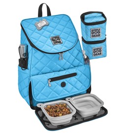 Mobile Dog Gear, Dog Travel Bag, Deluxe Quilted Weekender Backpack, includes Lined Food Carriers and 2 Collapsible Dog Bowl, Light Blue