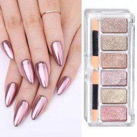 Chrome Nail Powder,Holographic Metallic Mirror Effect Chrome Powder For Nails Pink Gold Silver Metallic Mirror Nail Chrome Powder with 2Pcs Eyeshadow Sticks DIY Nail Art Supplies 6 Colors