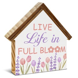 Spring Decor, Live Life in Full Bloom House Shaped Wood Block Sign, Home Office Decor for Desk Table Shelf, Spring Decorations