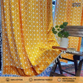 Urban Space Cotton Curtains 63 Inches Long for Bedroom - Set of 2 100% Cotton Curtains with Grommet & Tieback Light Filtering Curtains for Living Room (48" Wide by 63" Long - Yellow Star)