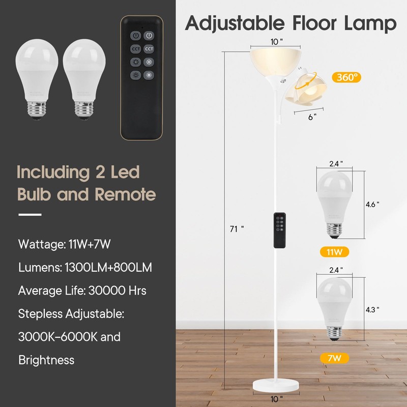 GERGO Led Floor Lamp, Super Bright 11W+7W 2100LM Torchiere Floor