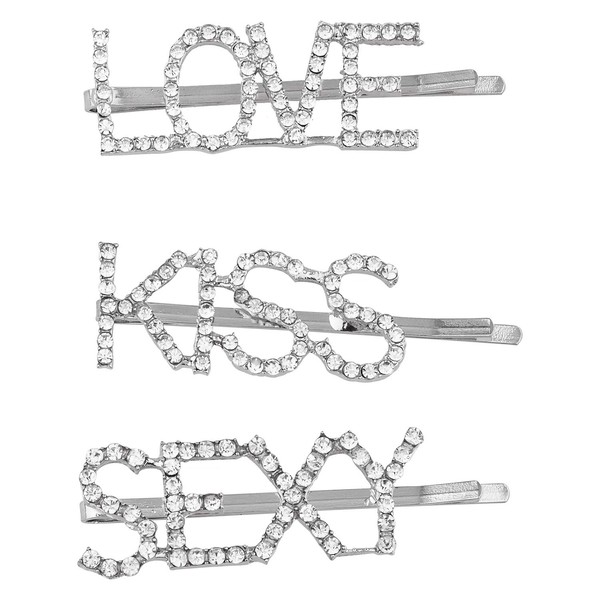 Lux Accessories Set (3pc) Silver Tone Finish Word Love KISS Sexy Clear Rhinestones Fashion Hair Pin